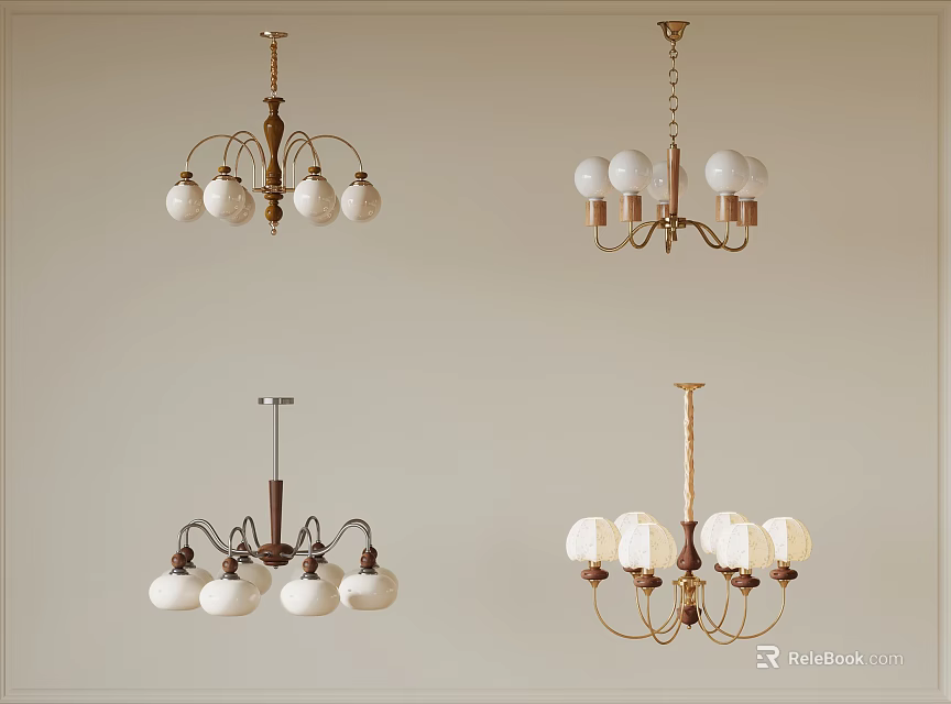 Different Vintage Style Chandeliers Featuring Metal And Wooden Frames With White Glass Shades 3d model 