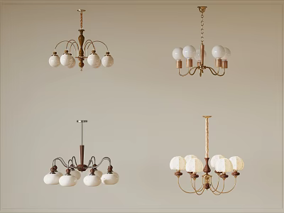 Different Vintage Style Chandeliers Featuring Metal And Wooden Frames With White Glass Shades 3d model