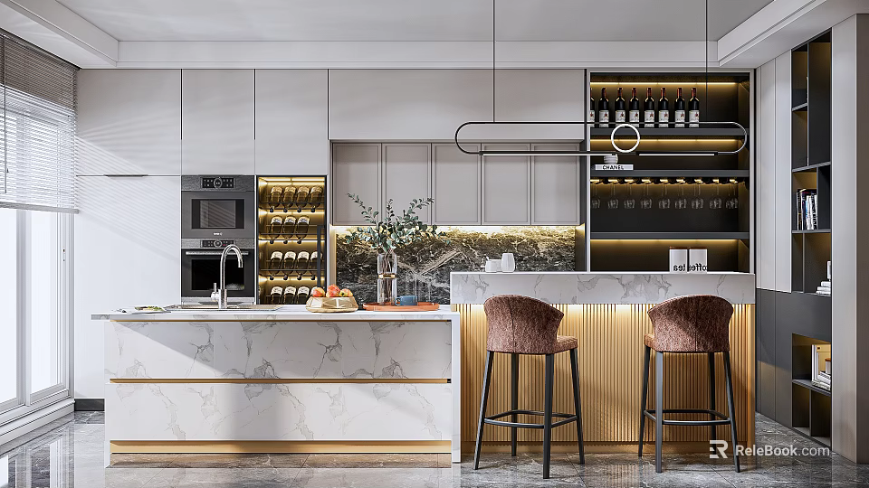 Modern Open Kitchen Interior Bar Area With Marble Countertop Bar Stools And Wine Racks 3d model 