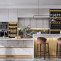Modern Open Kitchen Interior Bar Area With Marble Countertop Bar Stools And Wine Racks