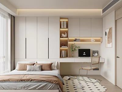 Minimalist Tatami Bedroom Interior With White Wardrobes Desk Computer Chair And Bookshelf 3d model
