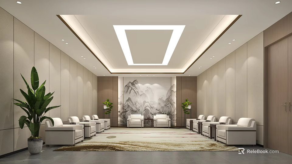 Elegant Hotel Public Lounge With Comfortable Sofas Mountain Painting Carpet And Green Plants 3d model 