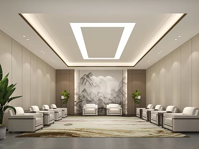 Elegant Hotel Public Lounge With Comfortable Sofas Mountain Painting Carpet And Green Plants 3d model