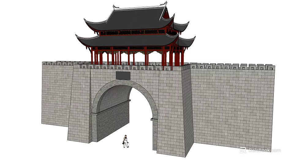 Ancient Architecture City Gate With Multi Layered Eaves Red Pillars And Gray Brick Walls 3d model 
