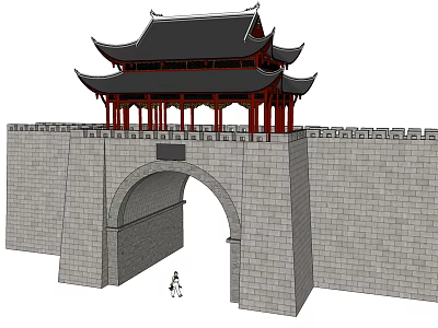 Ancient Architecture City Gate With Multi Layered Eaves Red Pillars And Gray Brick Walls 3d model