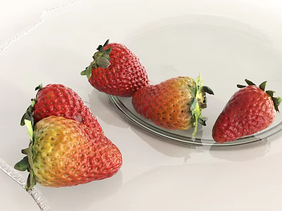 Fresh Red And Yellow Strawberries On Transparent Plate Over White Surface 3d model