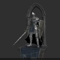Medieval Armored Game Movie Character Holding Sword And Shield Standing By Stone Archway