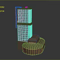 Cartoon Scene With Tall Layered Building Featuring Grid Windows And Round Base