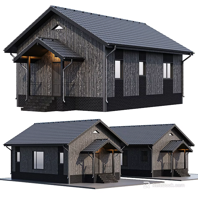 Detached House With Wooden Exterior Dark Roof Porch Windows And Lighting Design 3d model 