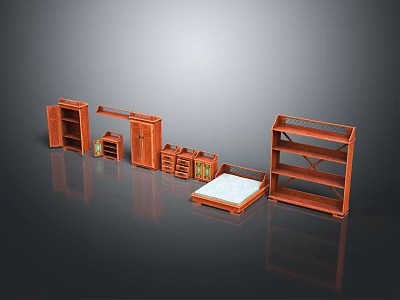Traditional Wooden Furniture Set Including Wardrobe Bookshelf Bed And Drawer Cabinet 3d model