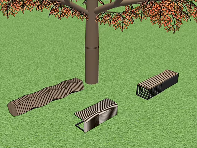 Three Striped Outdoor Chairs Placed Under Tree In Green Grass Area 3d model