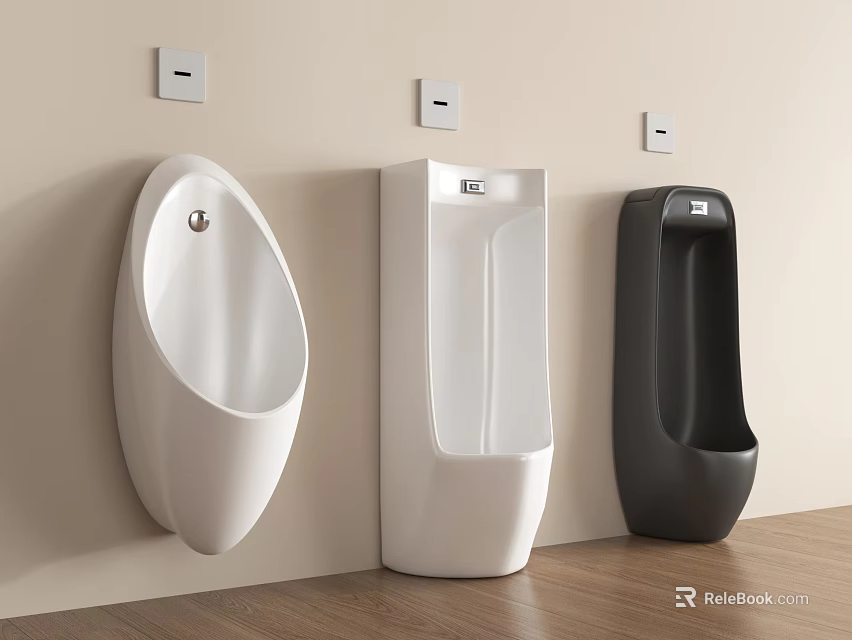 Modern Wall Mounted Urinals in White and Black Bathroom Interior Design 3d model 
