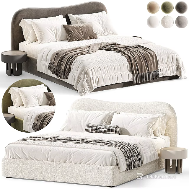 Modern Upholstered Double Bed With White Bedding Pillows And Side Table 3d model 
