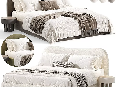 Modern Upholstered Double Bed With White Bedding Pillows And Side Table 3d model