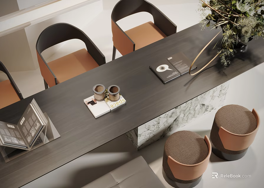 Modern Tea Table and Chairs with Marble Top and Decorative Plants 3d model 