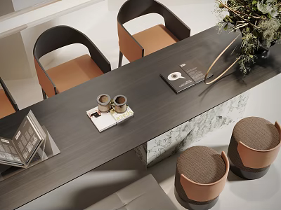Modern Tea Table and Chairs with Marble Top and Decorative Plants 3d model
