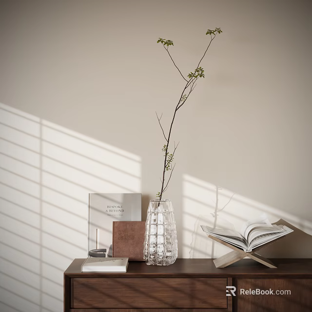 Fresh Aquatic Plant Sprig in Transparent Vase with Books and Blinds Shadow on Light Wall 3d model 
