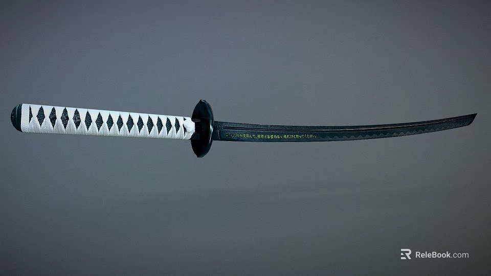 Traditional Japanese Katana Weapon With Black Scabbard And Diamond Pattern Hilt 3d model 