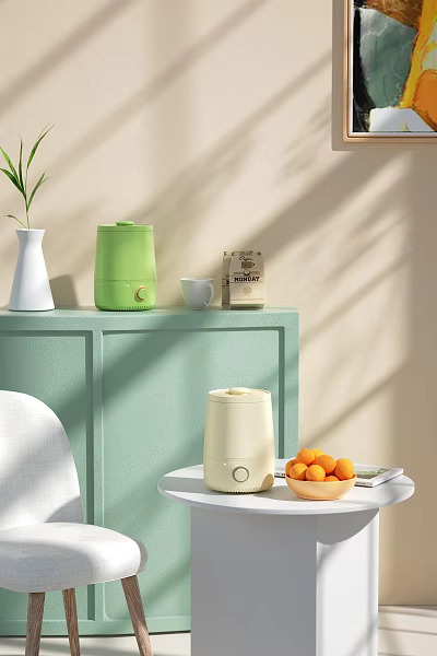 Green Beige Daily Electrical Appliances On Cabinet And Table With Oranges In Indoor Home Setting 3d model