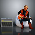 Man Playing Red Electric Guitar On Bean Bag Chair With Gray Amplifier