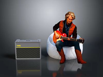 Man Playing Red Electric Guitar On Bean Bag Chair With Gray Amplifier 3d model