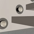 Modern Round Wall Lamps With Metal Frame On Light Wall And Wooden Shelves