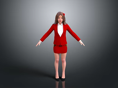 Woman In Red Suit Dress With White Shirt Red Bow Black Heels Arms Outstretched 3d model