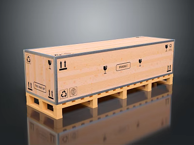 Wooden Crate on Pallet for Household Items with Fragile Labels and Recyclable Symbols 3d model