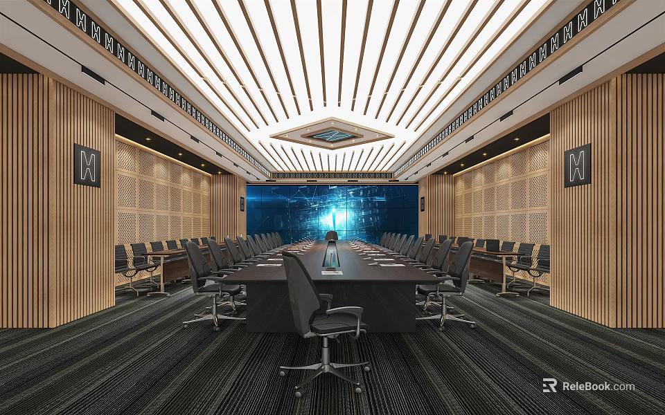 Modern Conference Room Interior With Long Table Multiple Chairs Blue Screen And Stylish Ceiling 3d model 