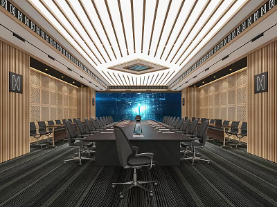 Modern Conference Room Interior With Long Table Multiple Chairs Blue Screen And Stylish Ceiling 3d model