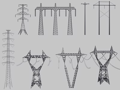 Various Electrical Transmission Tower Designs and Structural Engineering Sketches 3d model