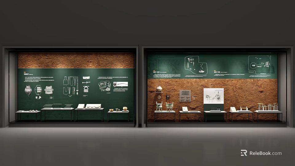 Museum Exhibition Space With Green Wall Displays Exhibits And Information Boards 3d model 
