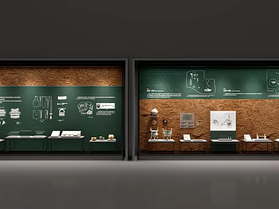 Museum Exhibition Space With Green Wall Displays Exhibits And Information Boards 3d model