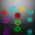 Colorful Decorative Symbols Featuring Flame Wave Heart Snowflake Shapes on Dark Background With Glossy Reflections