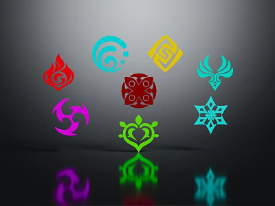Colorful Decorative Symbols Featuring Flame Wave Heart Snowflake Shapes on Dark Background With Glossy Reflections 3d model