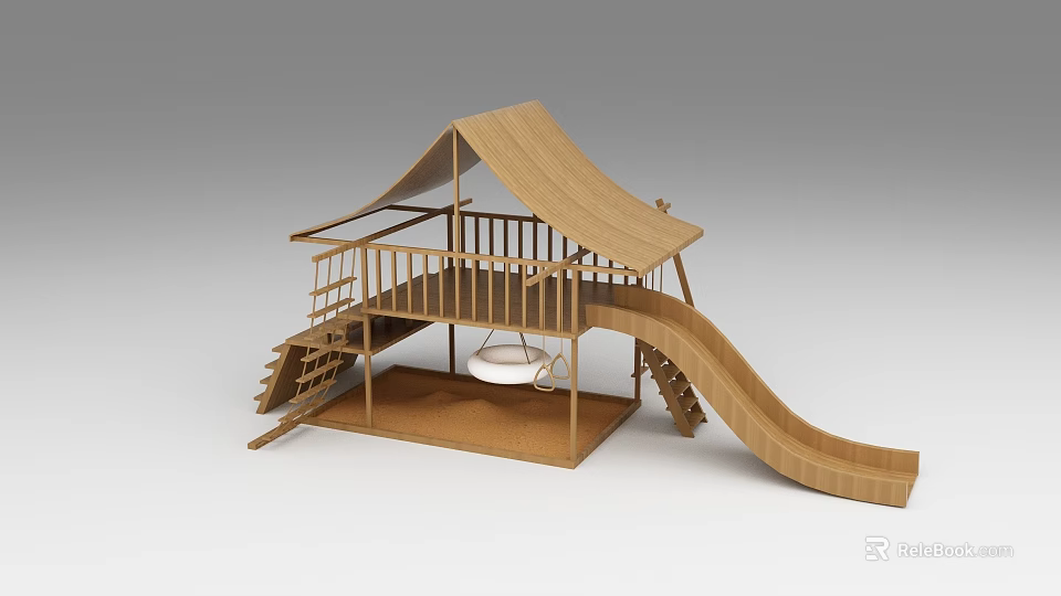Outdoor Wooden Kids Playground Equipment With Slide Swing Platform And Canopy 3d model 