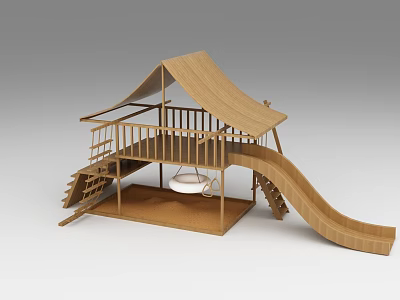 Outdoor Wooden Kids Playground Equipment With Slide Swing Platform And Canopy 3d model