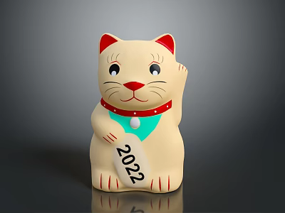 Lucky Traditional Beige Maneki Neko Piggy Bank 2022 Print Red Ears Collar Green Bib 3d model