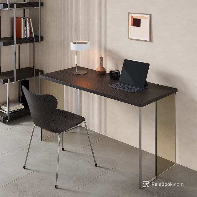 Modern Dark Wood Desk With Laptop Table Lamp Chair And Bookshelf 3d model 