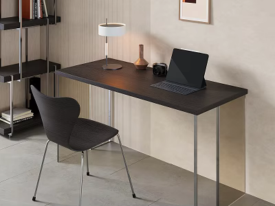 Modern Dark Wood Desk With Laptop Table Lamp Chair And Bookshelf 3d model