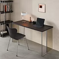 Modern Dark Wood Desk With Laptop Table Lamp Chair And Bookshelf