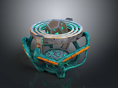 Futuristic Sci Fi Mechanical Component With Circular Ring Green Orange Accents And Glowing Elements 3d model
