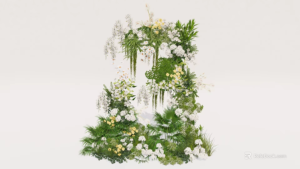 Decorative Floral Vase Arrangement With White Yellow Flowers And Green Plants 3d model 