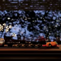 Elegant Tea Set with Red Fu Character Golden Patterns Persimmons on Dark Mat Wooden Tabletop