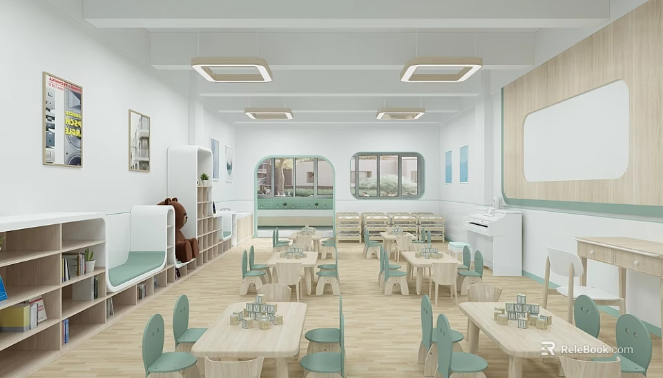 Bright Modern Kindergarten Classroom With Tables Chairs Piano And Windows 3d model 