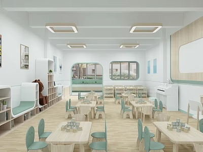 Bright Modern Kindergarten Classroom With Tables Chairs Piano And Windows 3d model