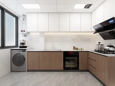 Modern Minimalist Kitchen Interior With White Upper Cabinets Wooden Lower Cabinetry And Black Oven 3d model