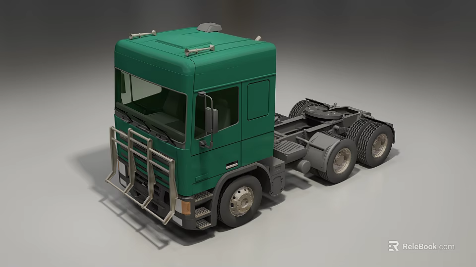 Green Heavy Duty Truck Cab With Metal Front Guard And Chassis Design 3d model 