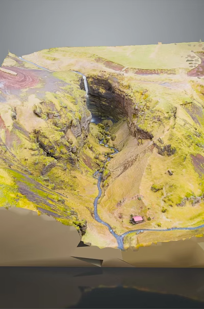 Scenic Natural Landscape Featuring Yellow Hillsides Blue River Waterfall and Valley 3d model