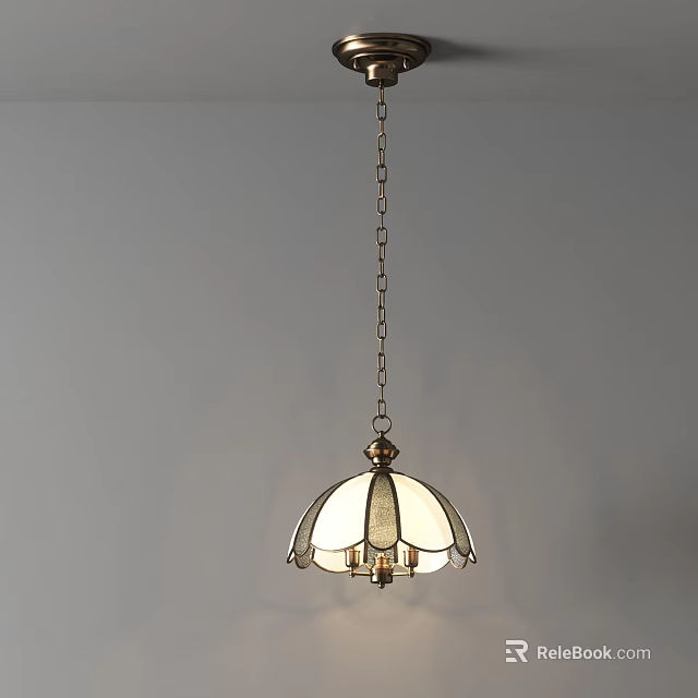 Vintage Stained Glass Chandelier With Brass Hanging Chain And Dome Shade Design 3d model 
